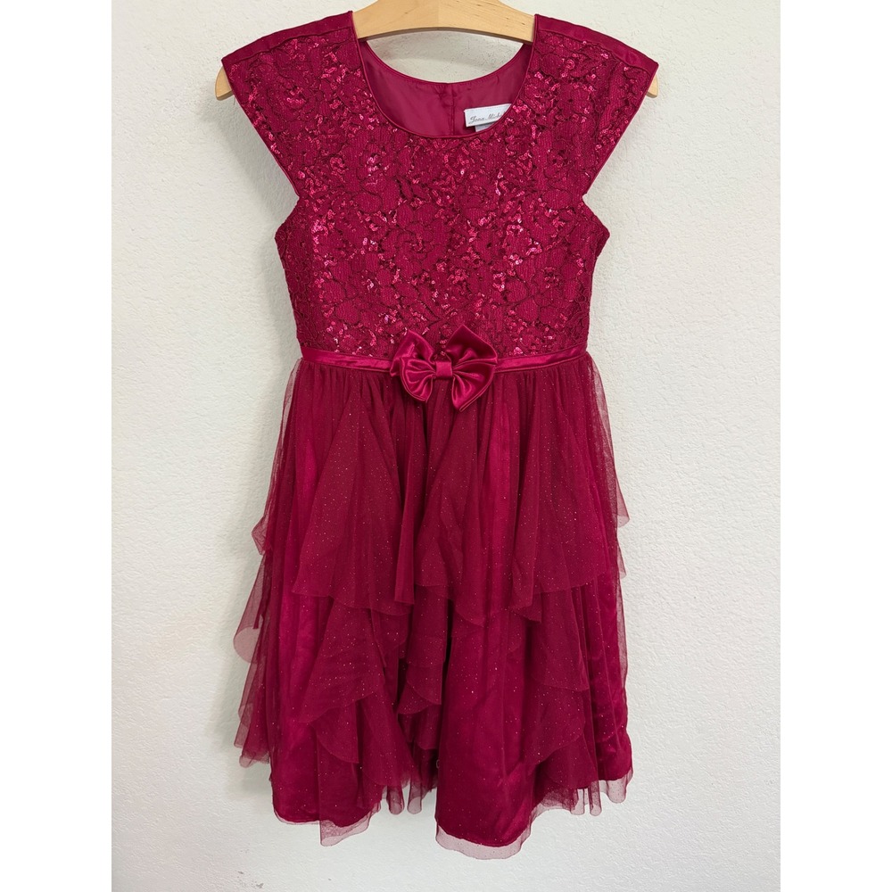 Jona Michelle Girls Burgundy Sequin Lace Tulle Tiered Party Dress Size 10 CO5723